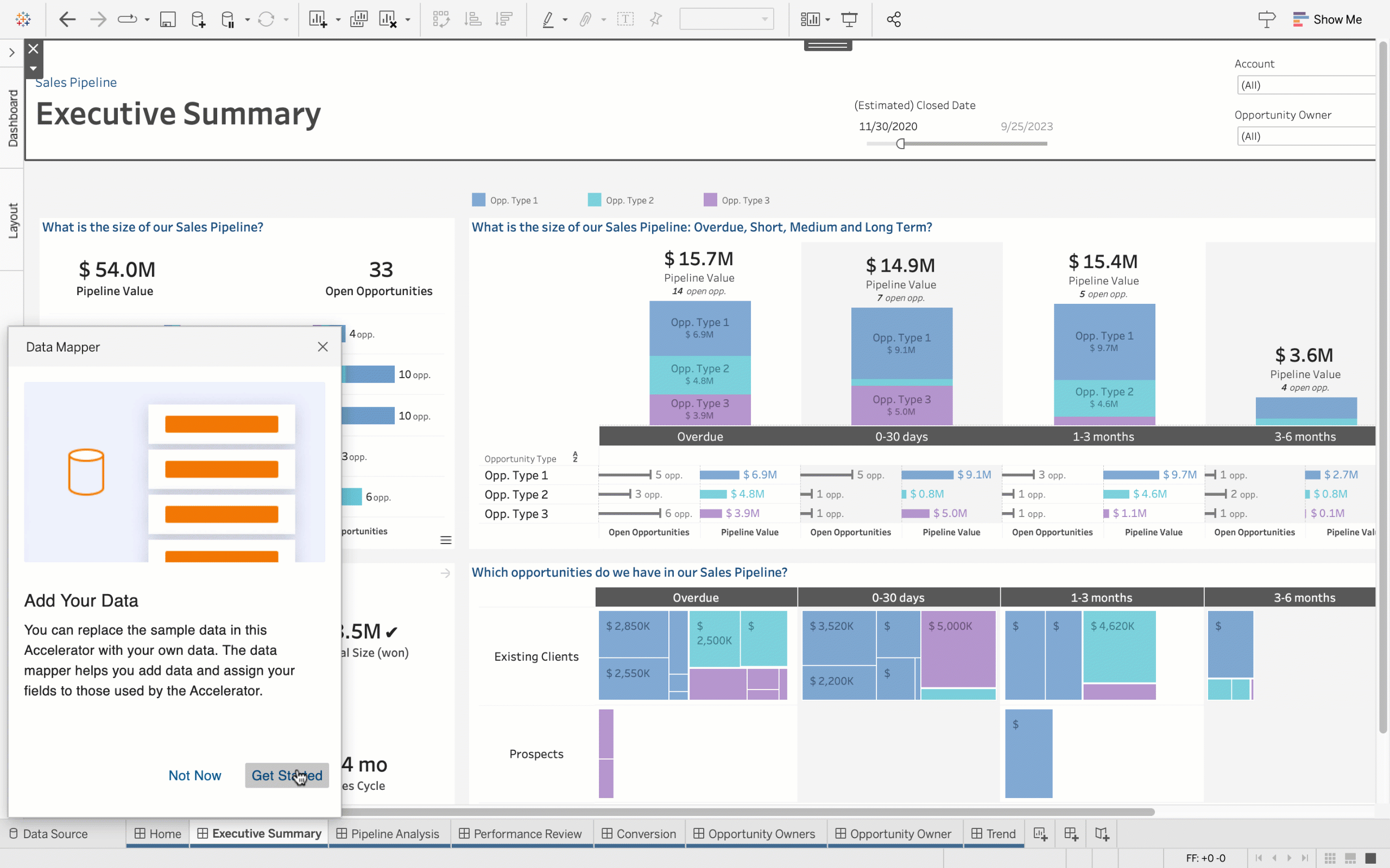 Un utilisateur utilise le mappage des données pour les accélérateurs dans Tableau afin de remplacer les exemples de données par ses propres données.