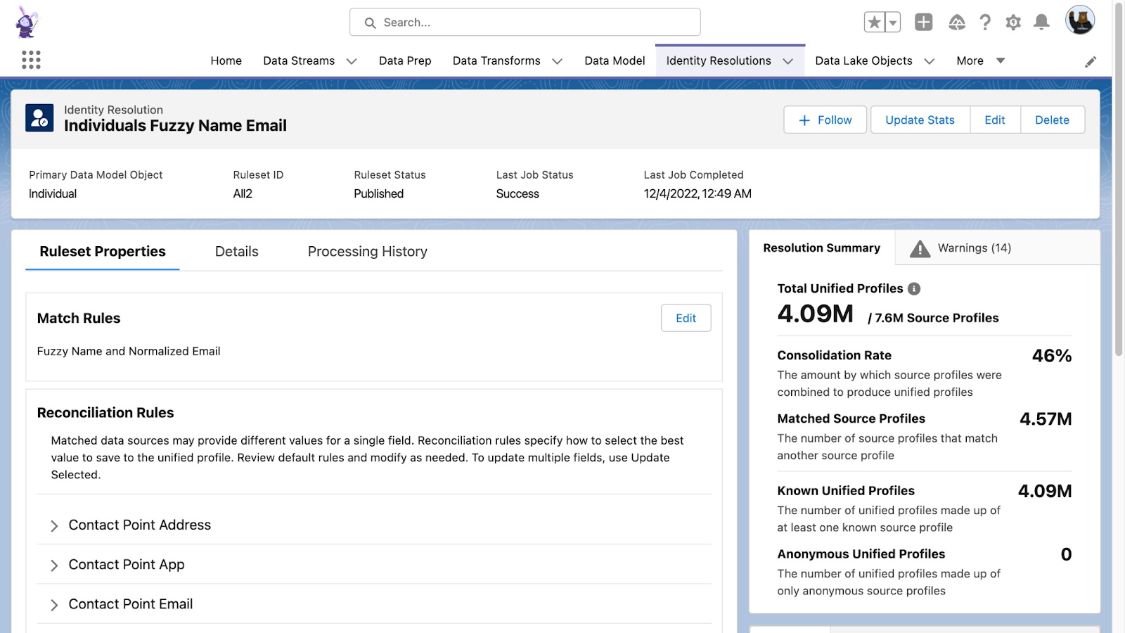 Salesforce Data Cloud identity resolutions with ruleset properties, reconciliation rules, and resolution summary