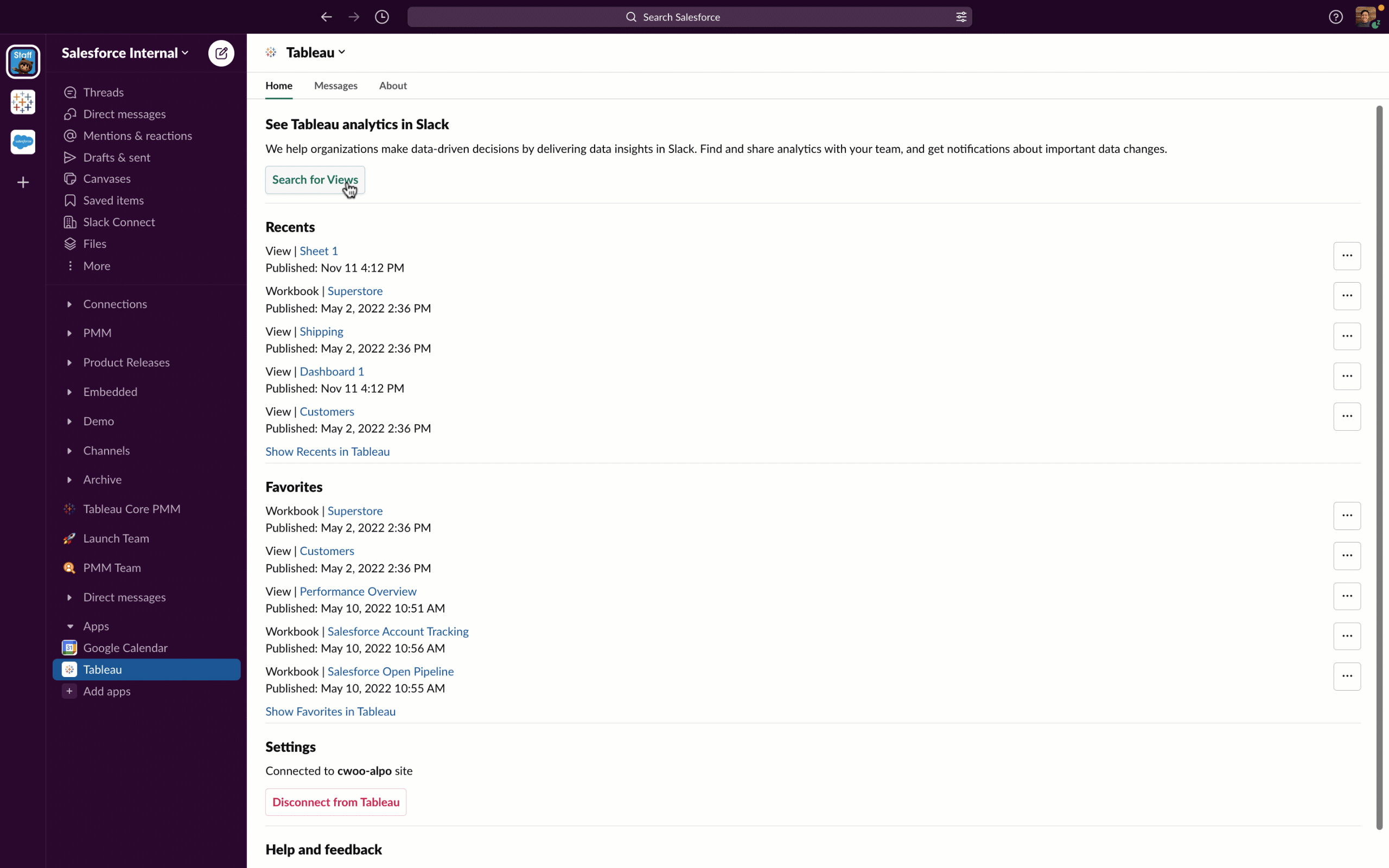 En användare söker efter vyer i Tableau-arbetsböcker i Tableau för Slack-appen och delar arbetsböcker med andra användare
