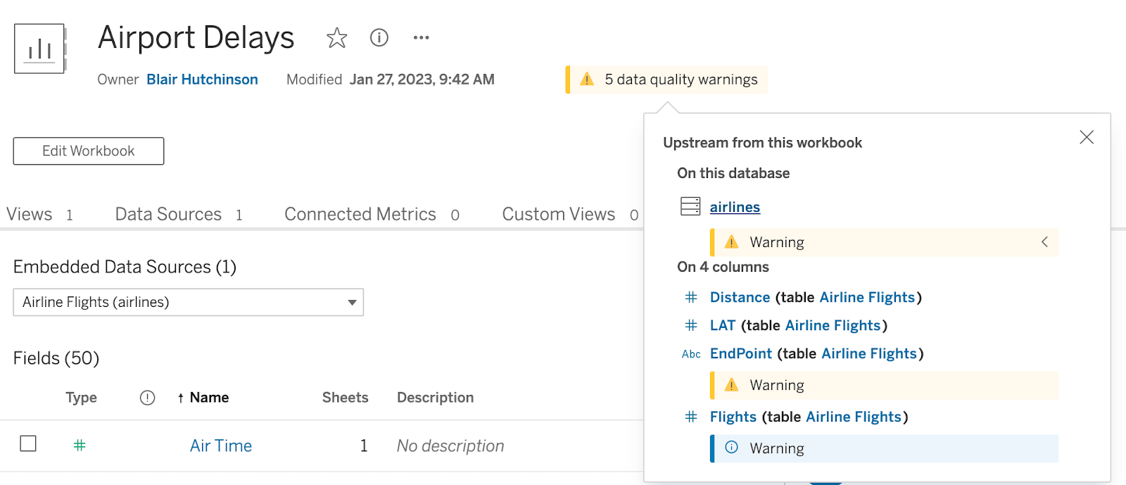 Notification showing five data quality warnings in a database named "Airline Flights"