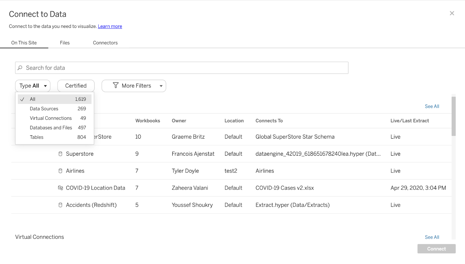 Connect-to dialog box in Tableau showing user filtering data type