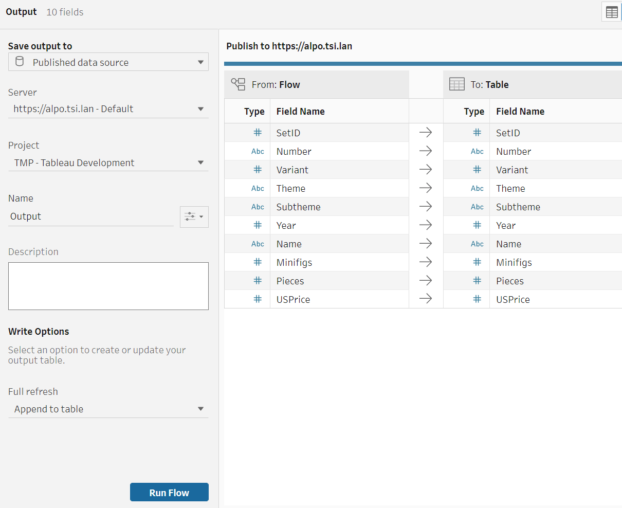 Tableau Prep user selects option for Output