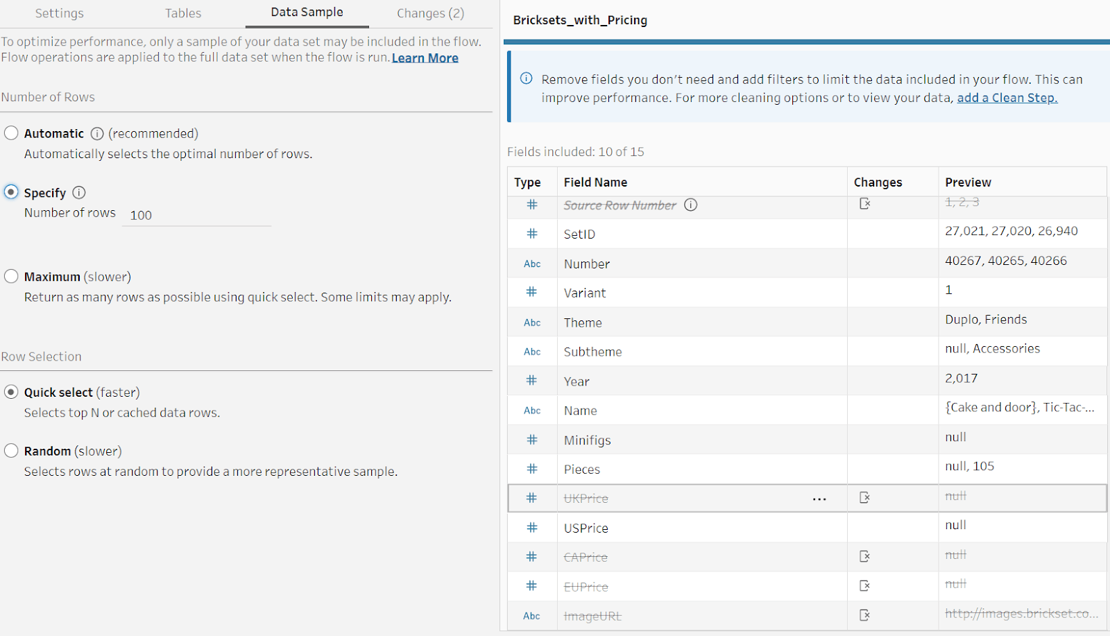 Tableau Prep user specifying the number of rows to 100