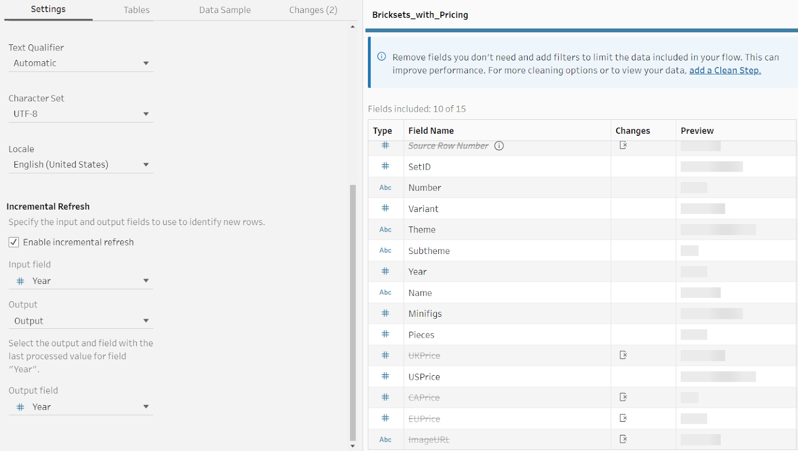 Tableau Prep interface with the Incremental Refresh box checked