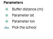 Parameters box showing nuffer distance (m), parameter lat, parameter lon, and "pick the school"