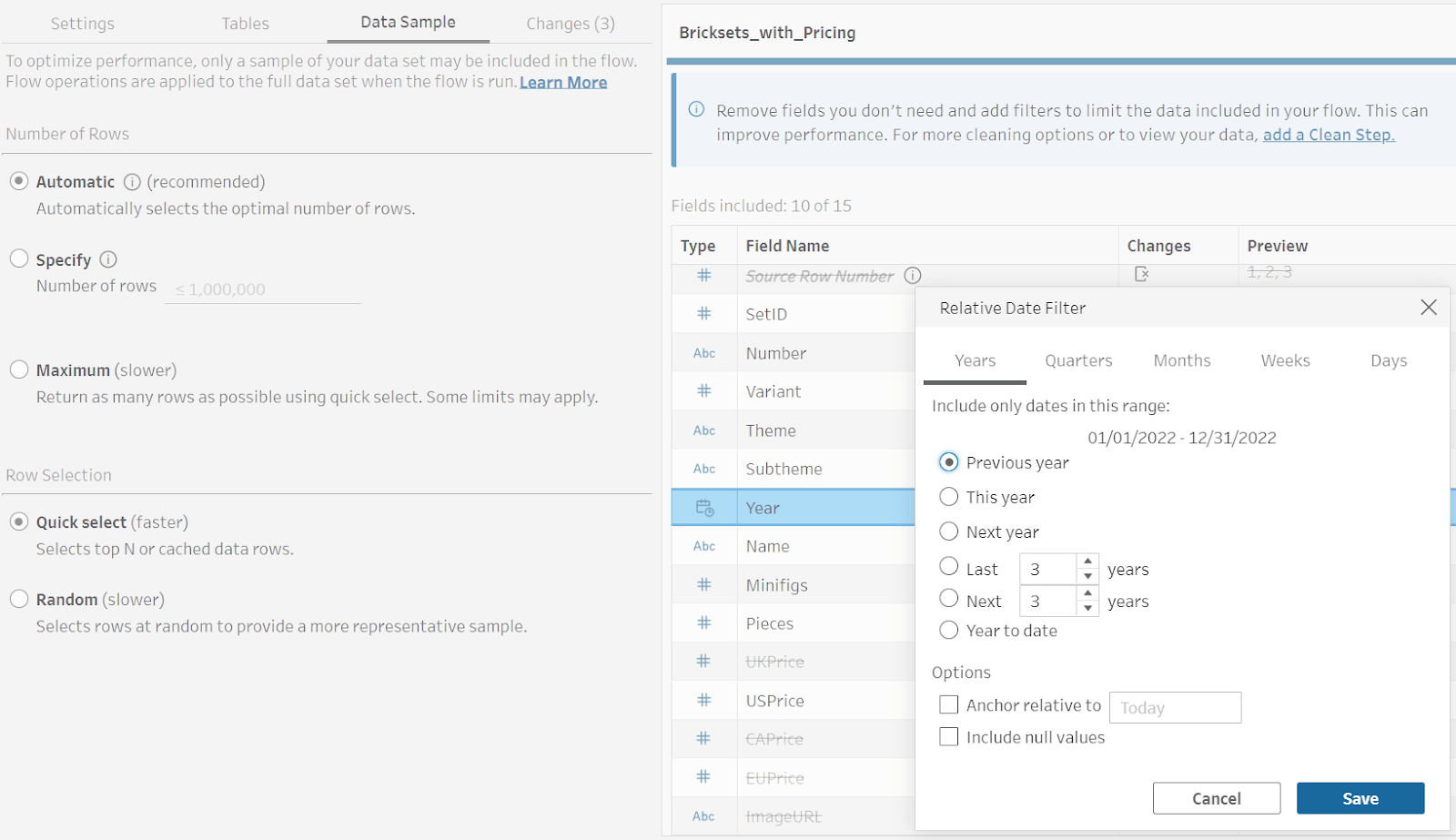 Tableau Prep user adding a Relative Date Filter for the previous year