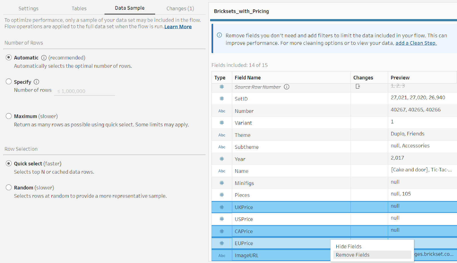 Tableau Prep user removing multiple rows from the Data Sample