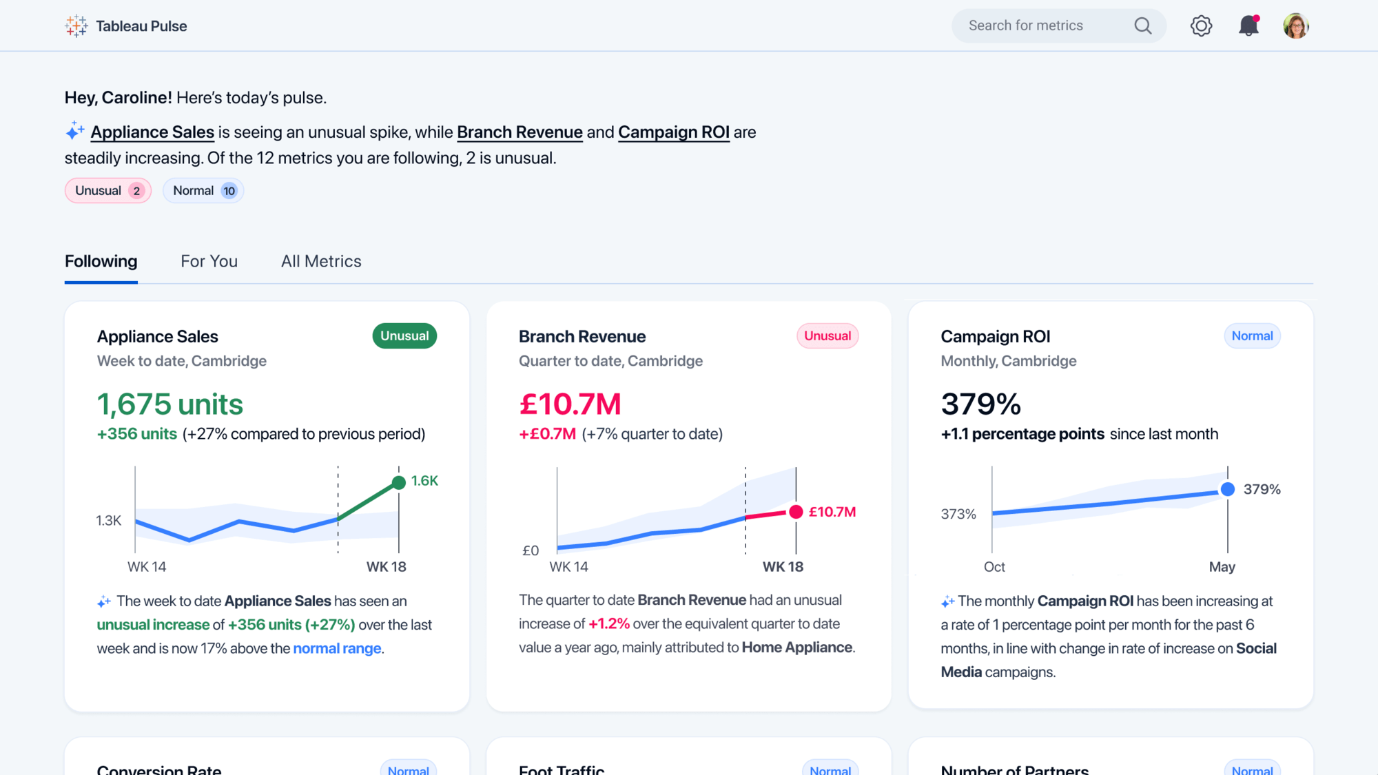 Homepage-Bildschirm von Tableau Pulse mit drei blauen Liniendiagrammen für Verkauf, Umsatz und ROI