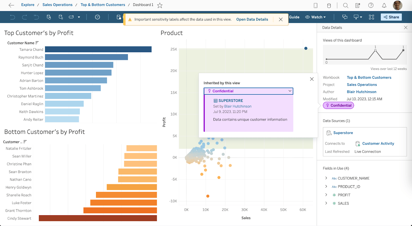 A Custom Data Label is shown in the Data Guide pane in a dashboard.