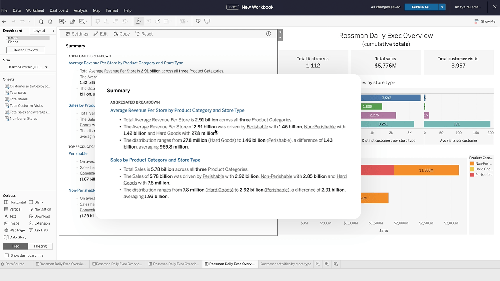 A data story summarizes key insights from a worksheet in natural language. 