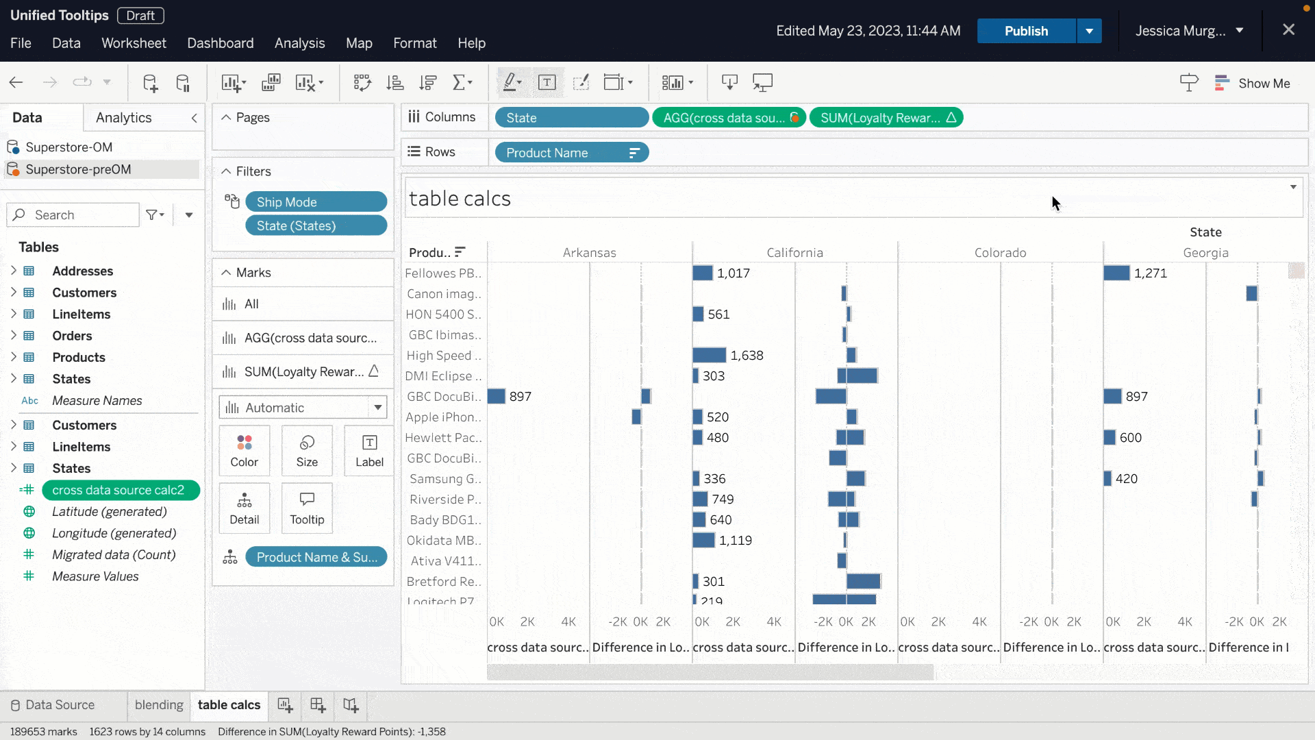 Video of a Tableau visualization showing pop-up windows with useful, consolidated information with table calculation details, field comments, and more