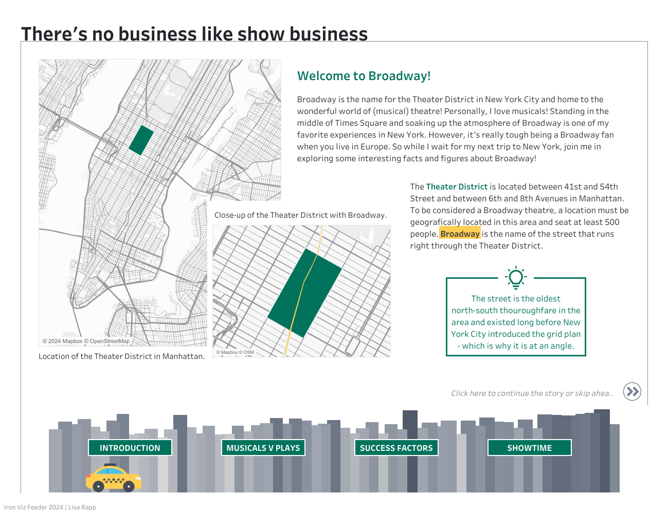 Visualization titled There's no business like show business about Broadway musicals, showing a green map of the musical district