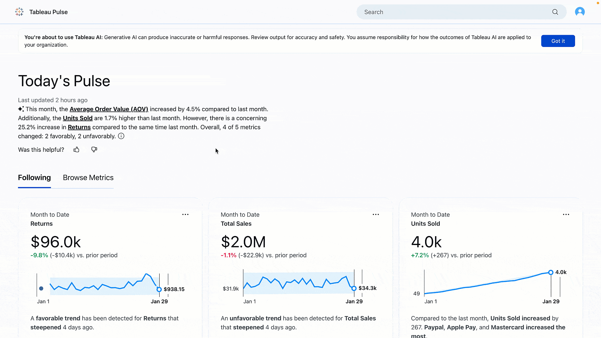 Animated gif of AI-generated line charts for total sales, average order value, returns, gross margin, and more