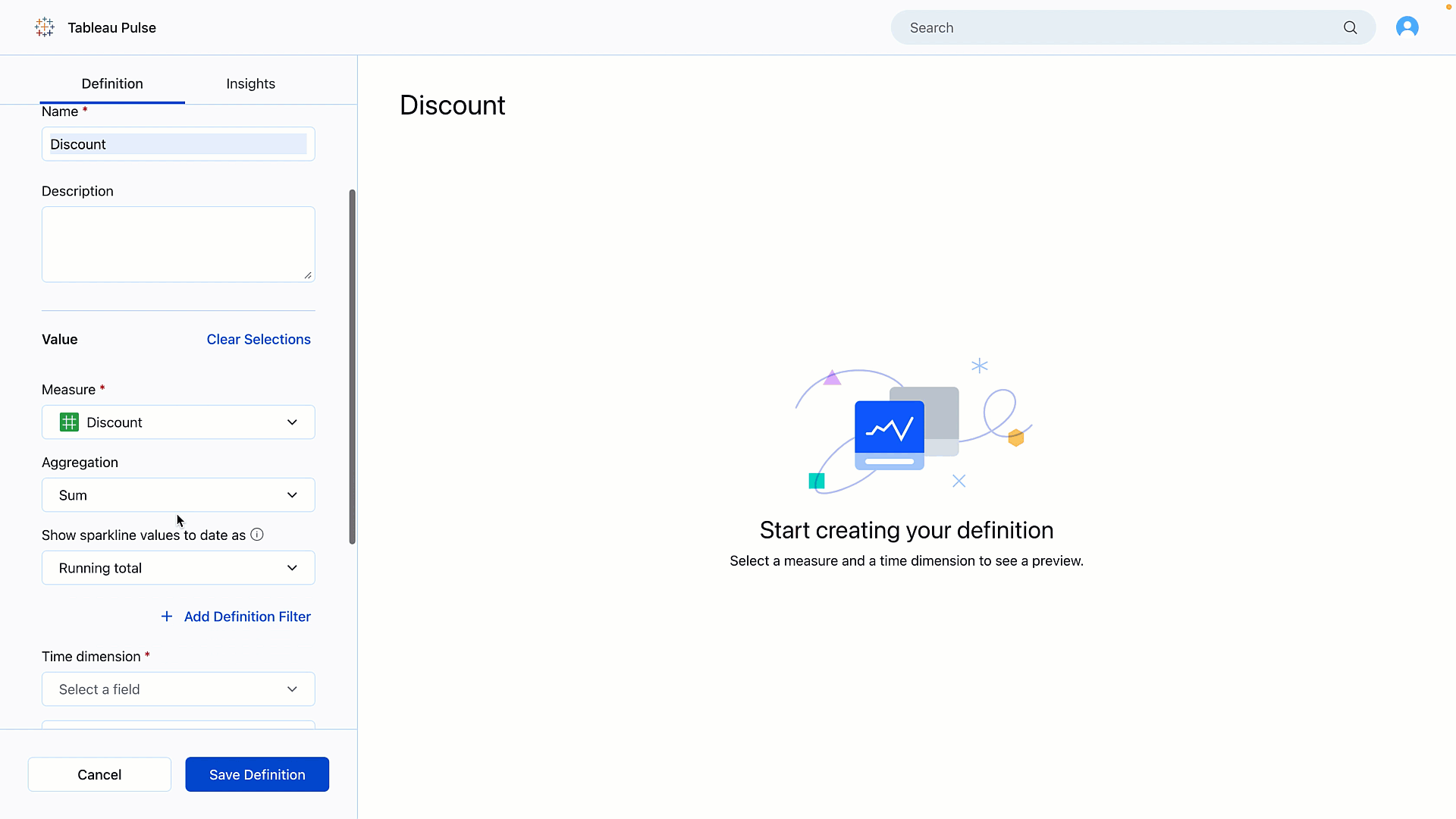 Animated gif of cursor selecting measures and dimensions in dropdown menus to create metrics in Tableau Pulse