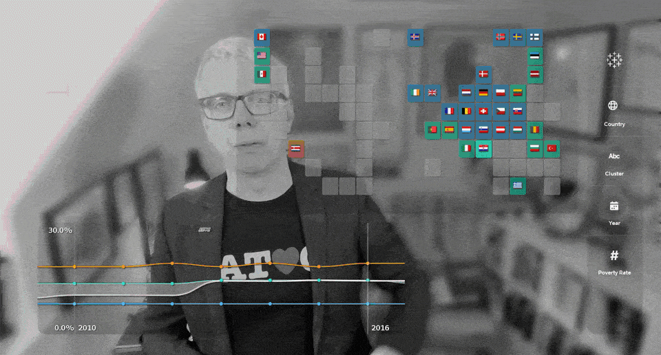 Black and white gif of a light-skinned man standing in a room. There is an overlay of a line graph and tile map of flags and the man is using a pinch gesture to move measures and filters onto the line graph.