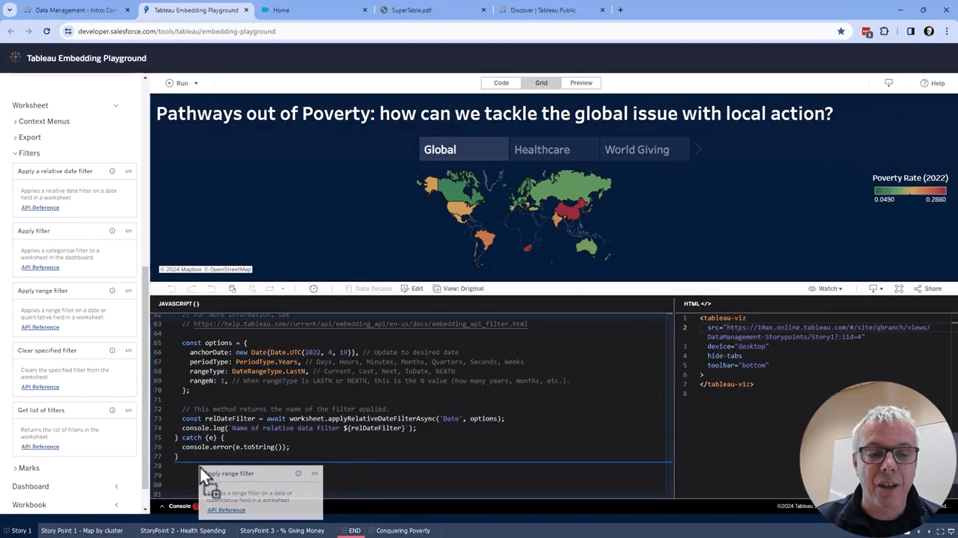Top half of screen is dark blue dashboard with rainbow-colored map of poverty rates by country. Bottom half of screen is black showing source code in yellow. Left menu is white with vertical list of dropdown menus to change the dashboard's appearance.