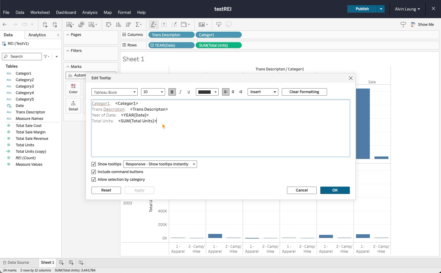 Screen shot of a tooltip in Tableau with misspelled words identified