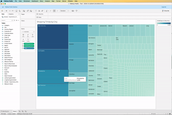 Tableau Desktop Public Edition showing local file saving of a blue and green tree map visualization