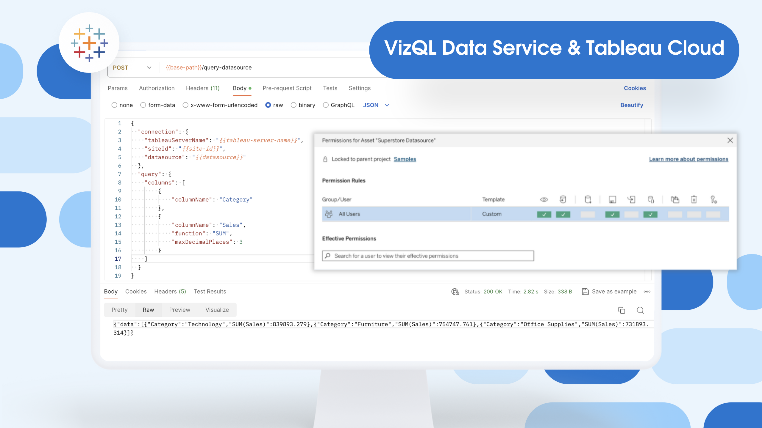A snippet of the Tableau API Access permissions interface floats in front of a computer monitor showing code from Tableau's VizQL Data Service in Postman