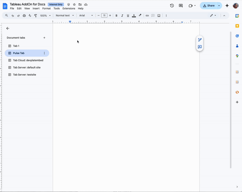 Animated GIF of Tableau integraiton to Google Workspace showing a connection within Google Docs to a Tableau dashboard