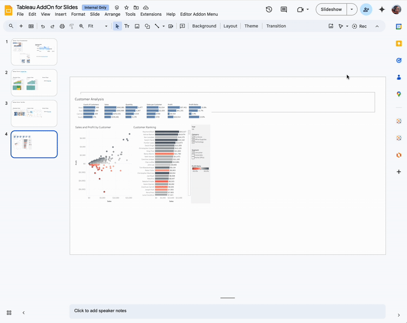 Animated GIF of Tableau Add-on for Google Workspace showing an embedded dashboard being refreshed via a control pane