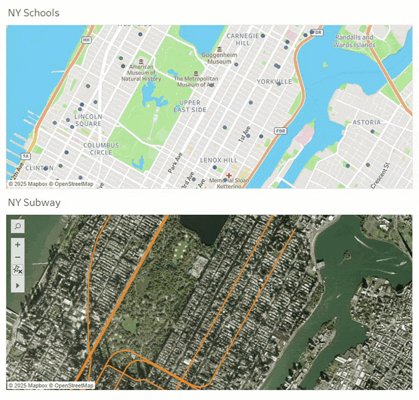 GIF of two maps within Tableau, showing how Viewport Parameters syncs the maps so that as the area within one view changes, the data displayed in the other also updates dynamically.