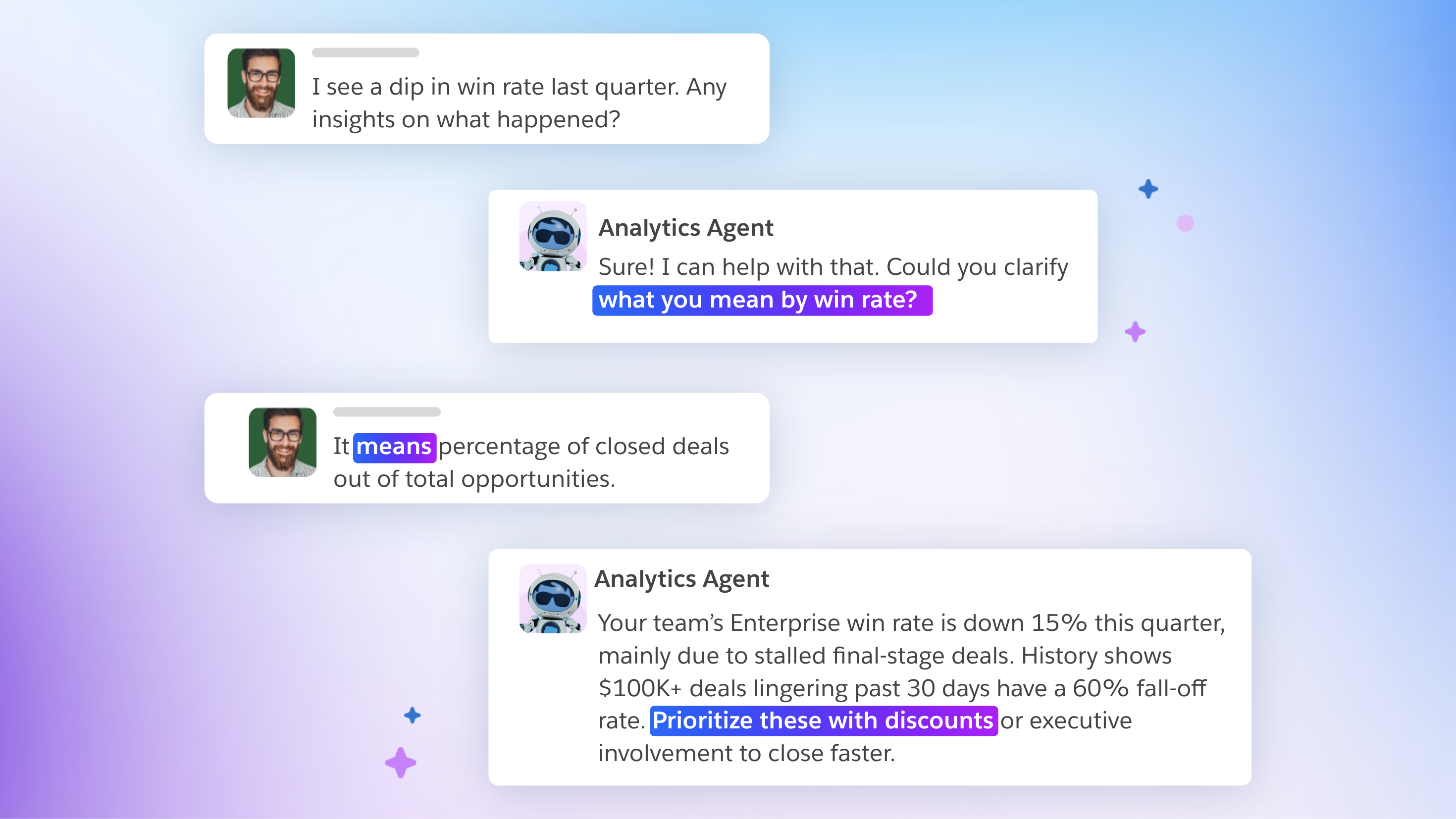 Snippets of a conversation with an Analytics Agent with highlights that demonstrate how the AI understands intent via the semantic data model.