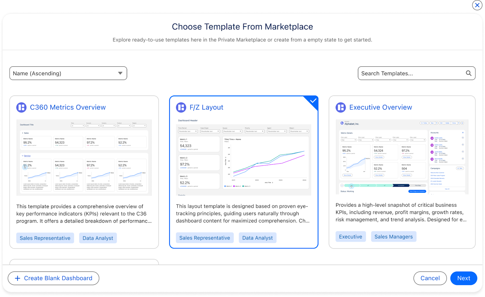 Tableau Next private marketplace template picker