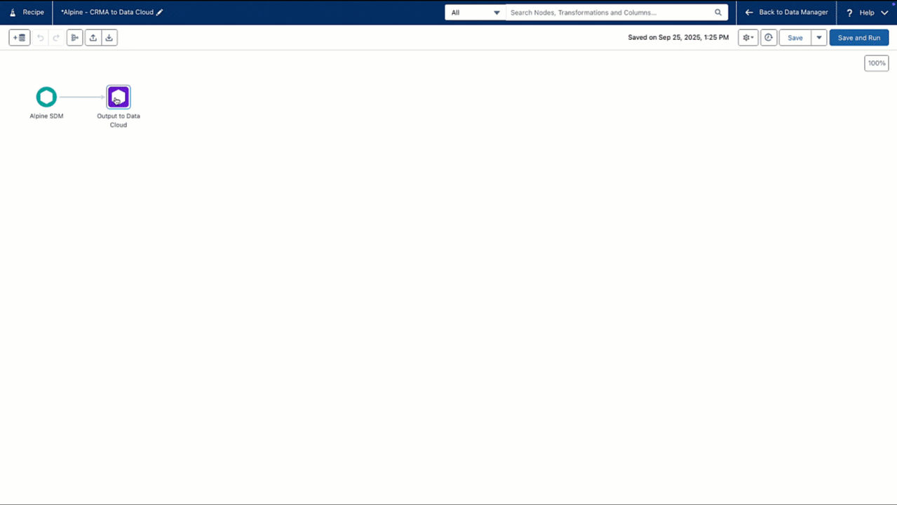 Animated GIF showing how a Recipe in CRM Analytics can be output to Data 360 (formerly Data Cloud) to be used in a semantic data model for agentic analytics with Tableau Next.