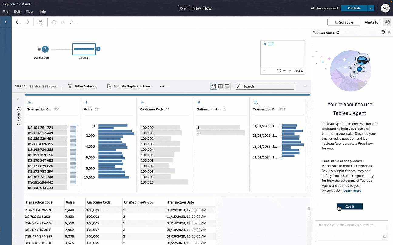 Animated GIF showing a conversation with Tableau Agent within Tableau Prep, where the AI explains and then executes multiple data cleaning steps to sum transactions per bank per month.