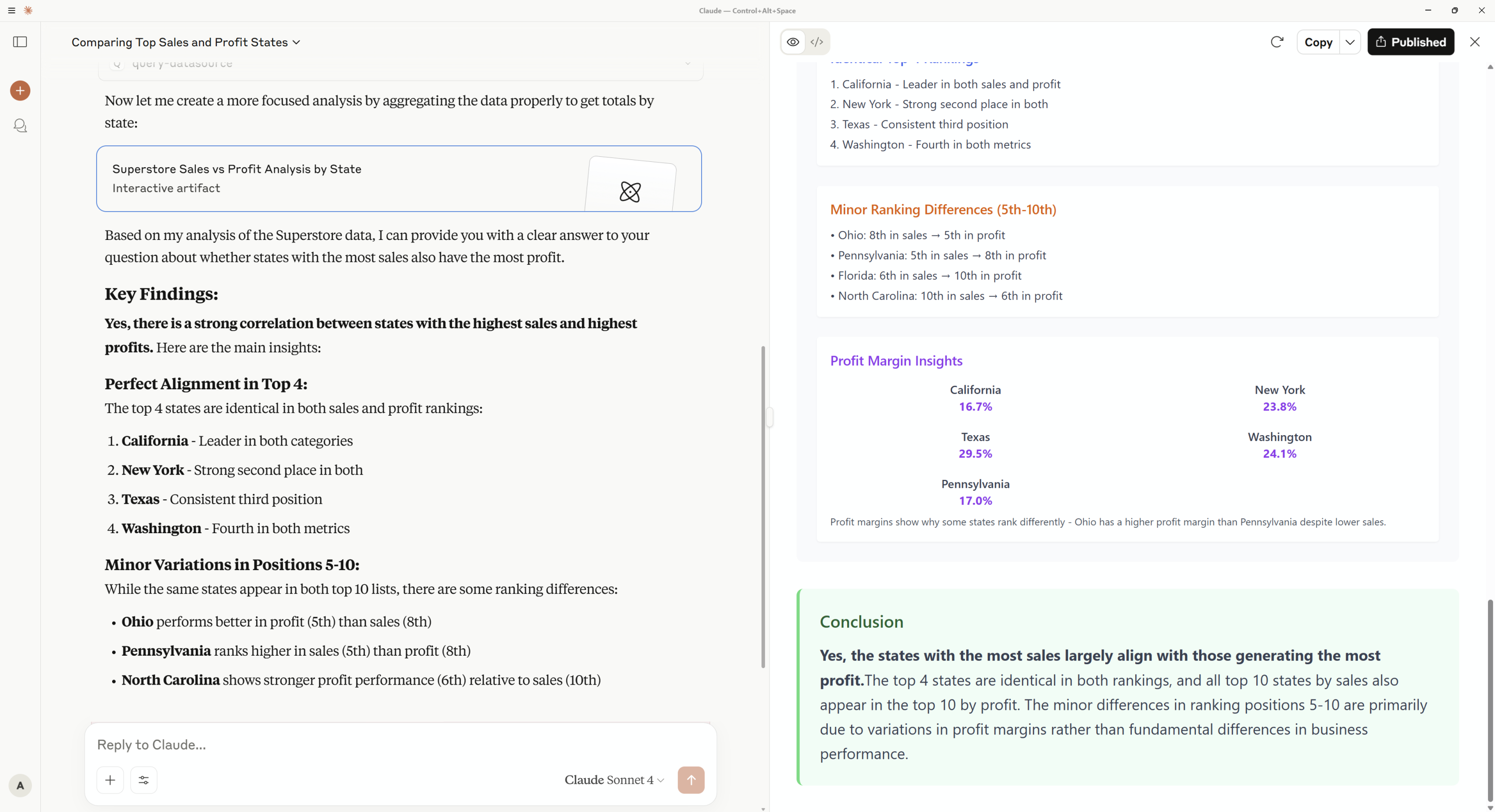 Claude AI interface showing a custom AI agent using conversational analytics capabilities powered by Tableau Next MCP