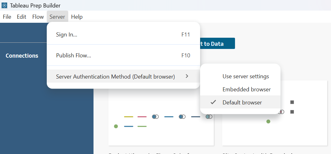 screenshot of the Tableau Prep Builder interface showing the Server drop-down menu and the ability to authenticate to a server with a default external browser.