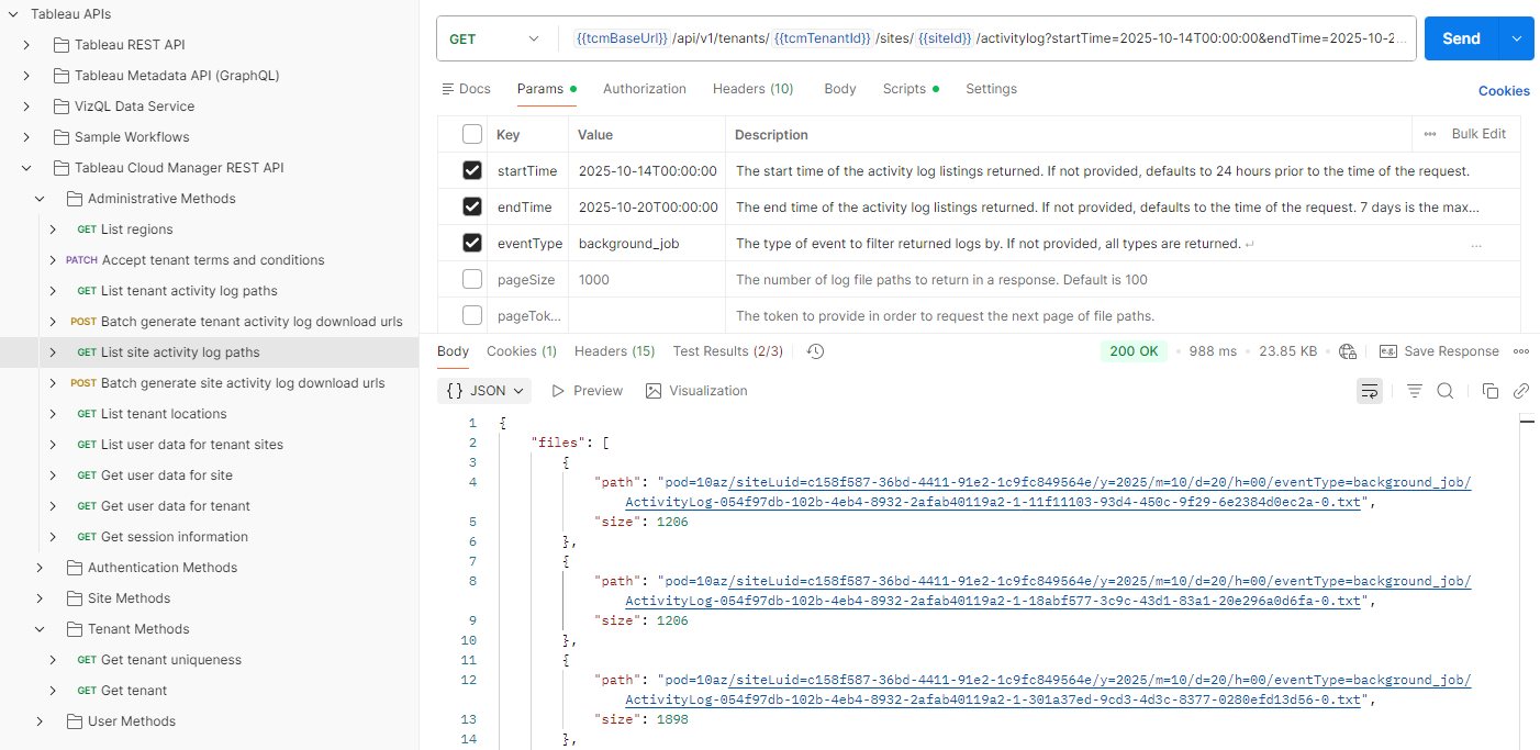 A list of Tableau APIs on the left with "Platform Data API" selected and configurations for the API parameters on the right.