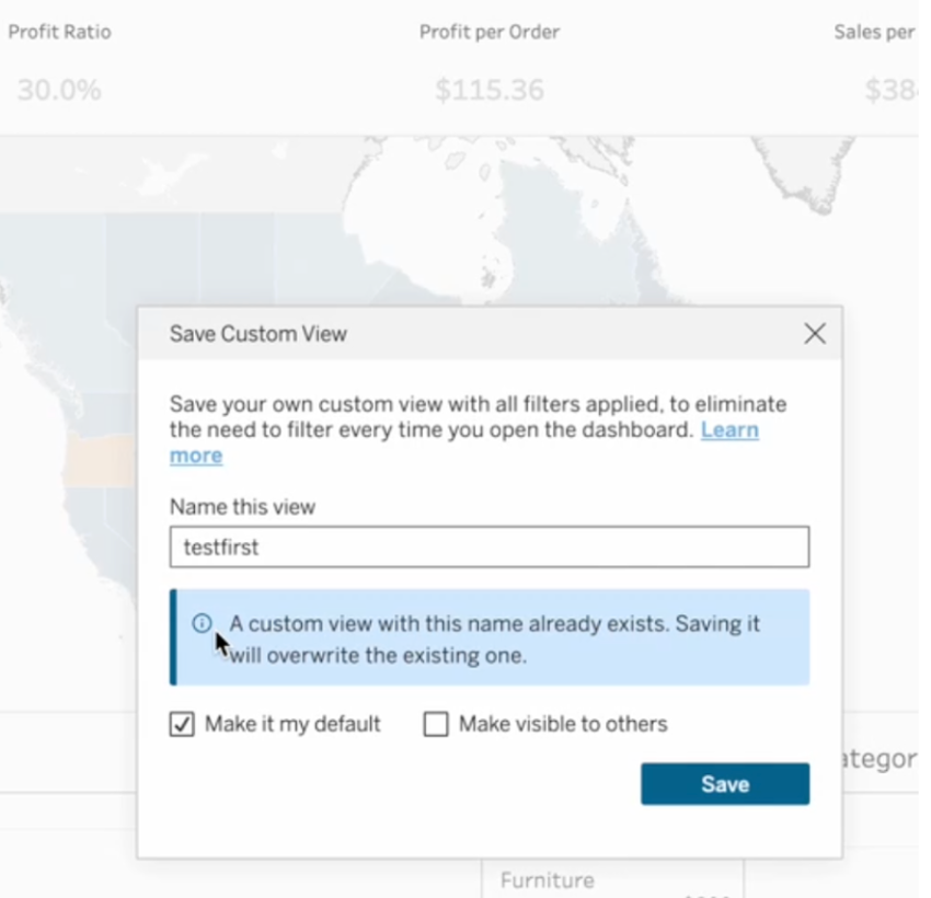 Duplicate name alert that appears when saving a view on Tableau Cloud