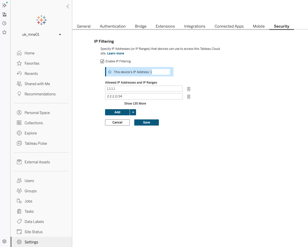 Updating the IP address on the Tableau Cloud site