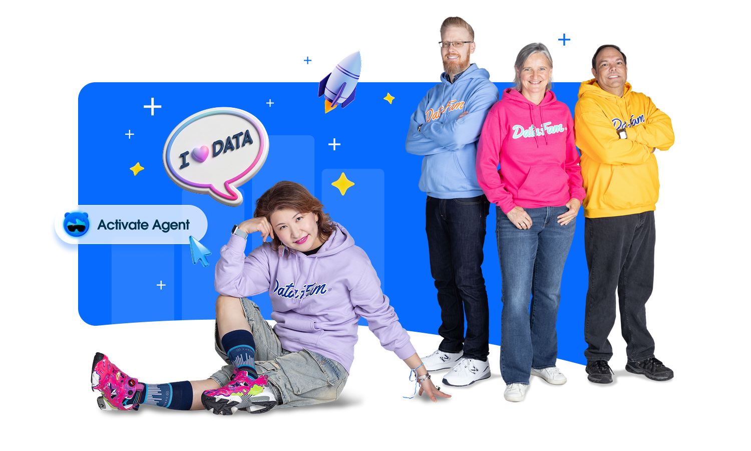 A collage of DataFam Members standing and sitting in front of a blue background