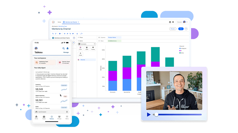 Tableau Next dashboard and mobile app displaying analytics insights alongside a video presenter, showcasing AI-powered data visualization and reporting capabilities.
