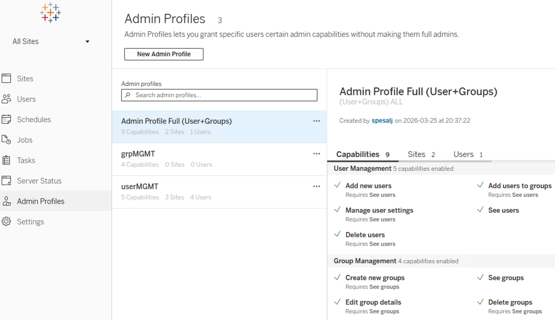 New admin profile in Tableau Server settings