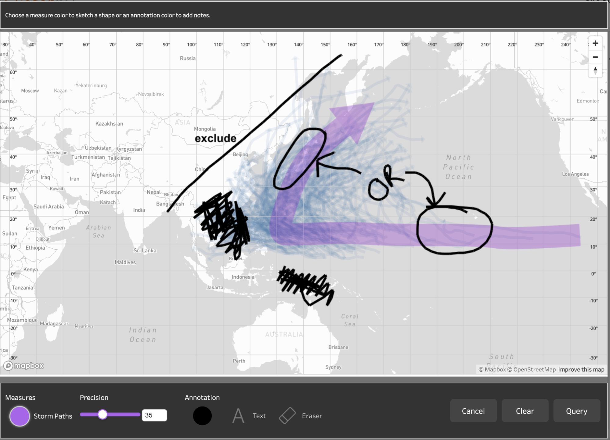 Screenshot of a Tableau Research prototype where a user can explore data using sketches and annotations, powered by proximity semantics.
