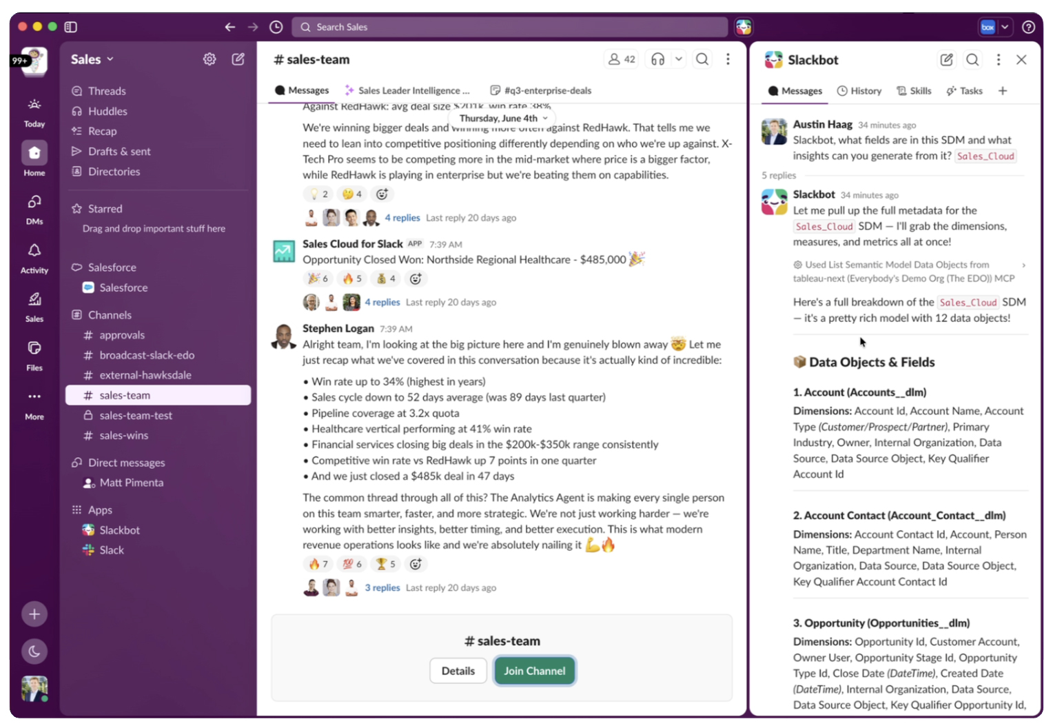 Slack interface showing data objects and fields from a Sales Cloud semantic data model populated inside Slackbot chat.