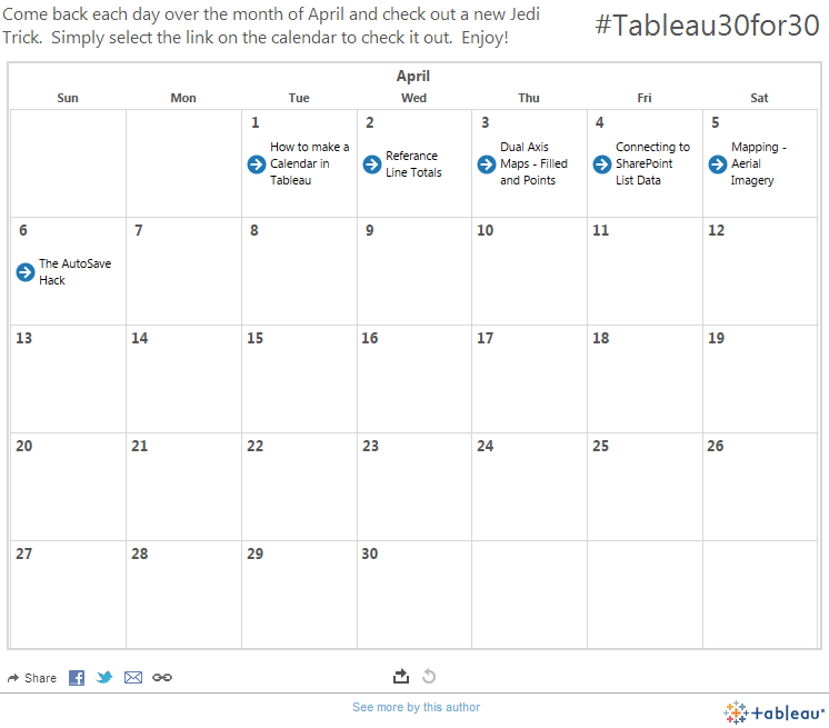 Tableau30for30 Calendar