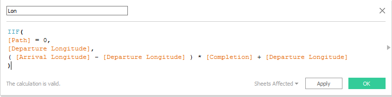 This calculated field gives you the current longititude of your flight