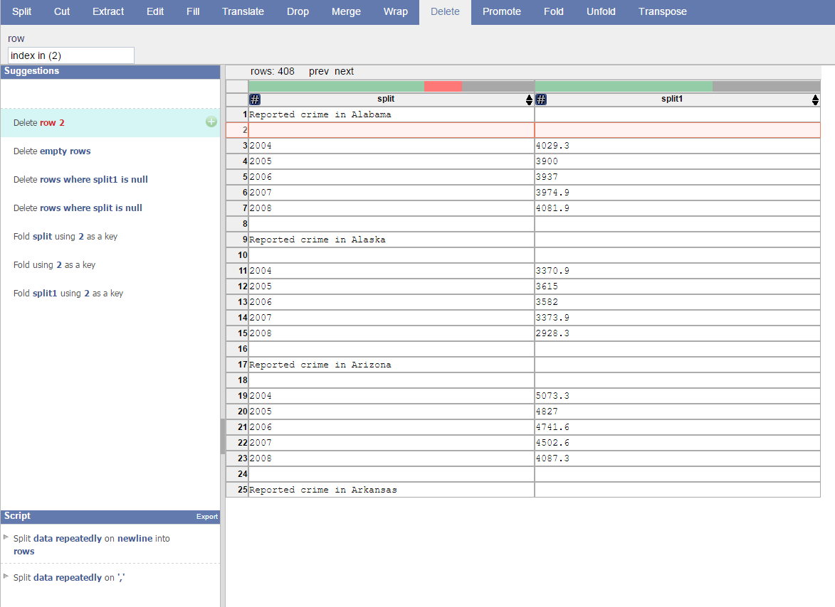 DataWrangler elements' selection