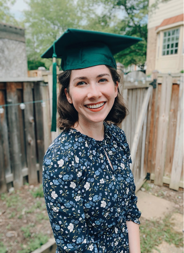 Maria pictured during her backyard Zoom graduation. She decided to make myself valedictorian this year!