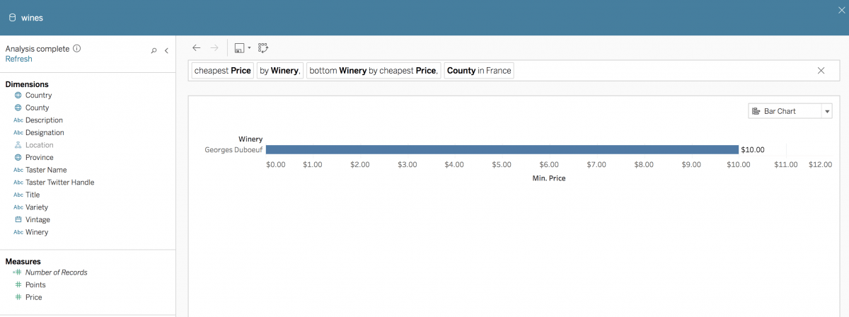 Figure 4 For the utterance “cheapest wineries in France,” the system infers a currency attribute ‘Price’ for the concept ‘cheapest’. Ask Data infers a numeric range from the metadata for ‘Price’. Clicking on ‘cheapest’ refines the inferred numerical values.