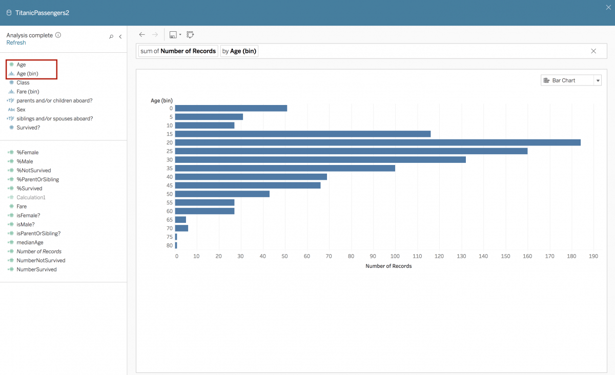 Figure 5 A user can type “by Age (bin)” to view a binned form of the dimension as a bar chart.