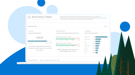 Situated among scatterplot-like blue circles is a laptop with Tableau's Model Builder interface on the screen, and a bit of cartoon forestry to the right side.