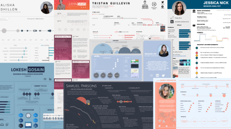 Collage of Tableau viz resumes. There are varying colors and styles.