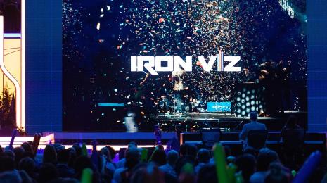 Iron Viz champion stage shot with Iron Viz logo in the middle