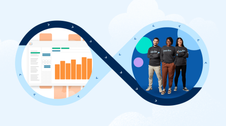 Infinity symbol featuring Tableau viz art on the left circle and a group of Tableau Community members on the right circle